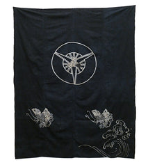 A Large Recycled Cotton Futon Cover: Tsutsugaki Crest, Butterflies, Waves