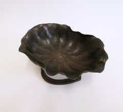 A Bronze Usubata: Lotus Leaf Shaped Ikebana Container with a Frog