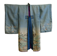 A Child's Hand Painted Silk Kimono: Elaborate Semamori and 23 Cranes
