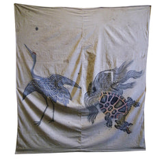 A Hand Painted Tsutsugaki Cotton Furoshiki: Crane and Tortoise
