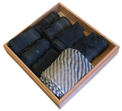 A Cypress Wood Box of Tatami Heri Pieces: Short Rolls of Used Hemp Cloth